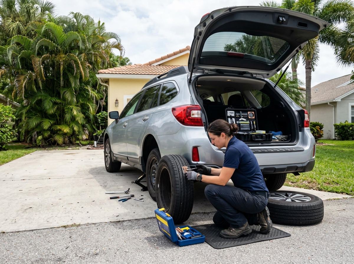 Mobile technician repairing a flat tire in a Pinellas County driveway